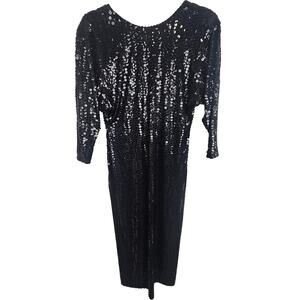 Vintage Oleg Cassini Womens Black Sequin Midi Dress Sz 6 Evening Black Tie Glam